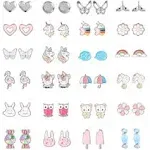 24 Pairs Hypoallergenic Stud Earrings Set for Girls Sensitive Ears With Stainless Steel Post Colorful Cute Earrings for Girls Women