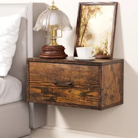  Floating Nightstand with Drawer Rustic Wood Wall Mounted Nightstand Small 