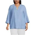 Lands' End Women's Plus Size Linen Split Neck Tunic Top - 1x - Soft Blue Linen