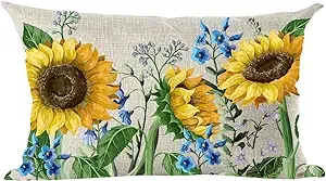 Watercolor Yellow Sunflowers Blue Flowers Summer Decorative Lumbar Throw Pill...