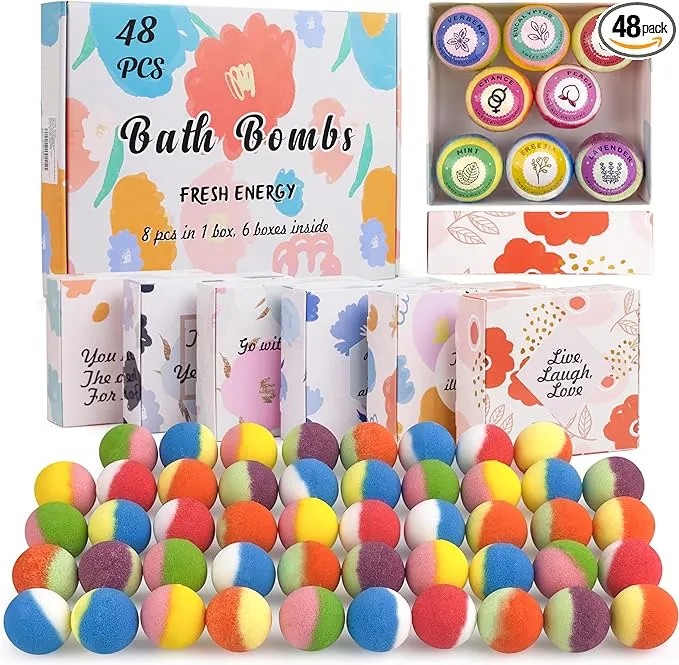 48 Natural & Organic Bath Bombs for Women and Kids, Rich in Essential Oils, Relaxation and Stress Relief, BathBombs Gift Set for Mothers Day, Christmas, Valentines Day & Birthday