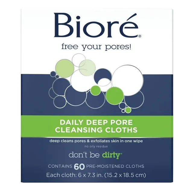 Bioré Daily Deep Pore Cleansing Cloths, Facial Cleansing Wipes, Makeup Removal, 60 ct