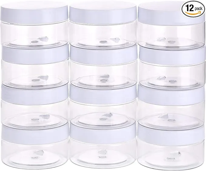 Empty 12 Pack Clear Plastic Storage Favor Jars Wide-mouth Plastic Containers with Lids for Beauty Products, DIY Making or Others (4 oz, White)