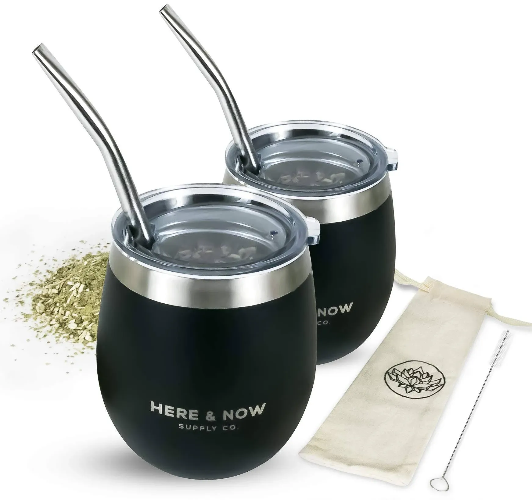 Here & Now Yerba Mate Cup and Bombilla Set | 2 Mate Gourds, Spill Resistant Lids, & Mate Straws | Bombilla Brush & Pouch Included | Yerba Mate Gourd Kit with Bombilla Mate & Mate Tea Cups (Black)