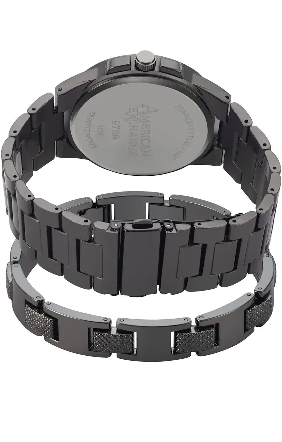 American Exchange Men's Quartz Movement Shiny Gunmetal Bracelet Analog Watch, 43mm with Pendant Necklace and Bracelet Set - Shiny Gunmetal, Gunmetal