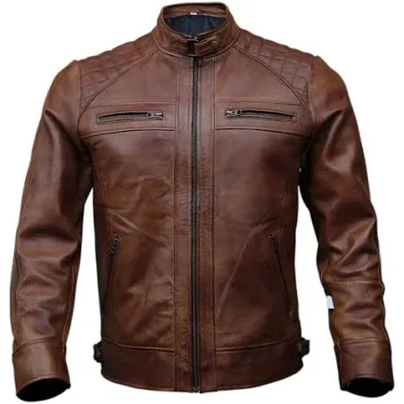 CAFE RACER BIKER MENS MOTORCYCLE LEATHER JACKET BLACK/BROWN GENUINE LAMB LEATHER