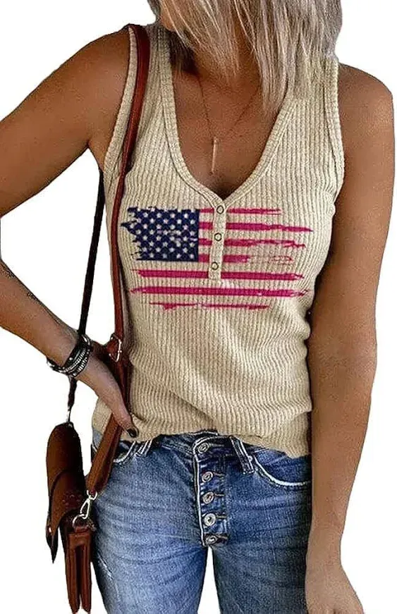 Womens American Flag Button V-Neck Tank Coloful Printed Sleeveless Patriotic Shi