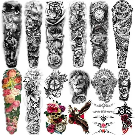 Yazhiji Extra Large Temporary Tattoos 8 Sheets Full Arm Fake Tattoos and 8 Sheets Half Arm Tattoo Stickers for Men and Women (22.83"X7.1")