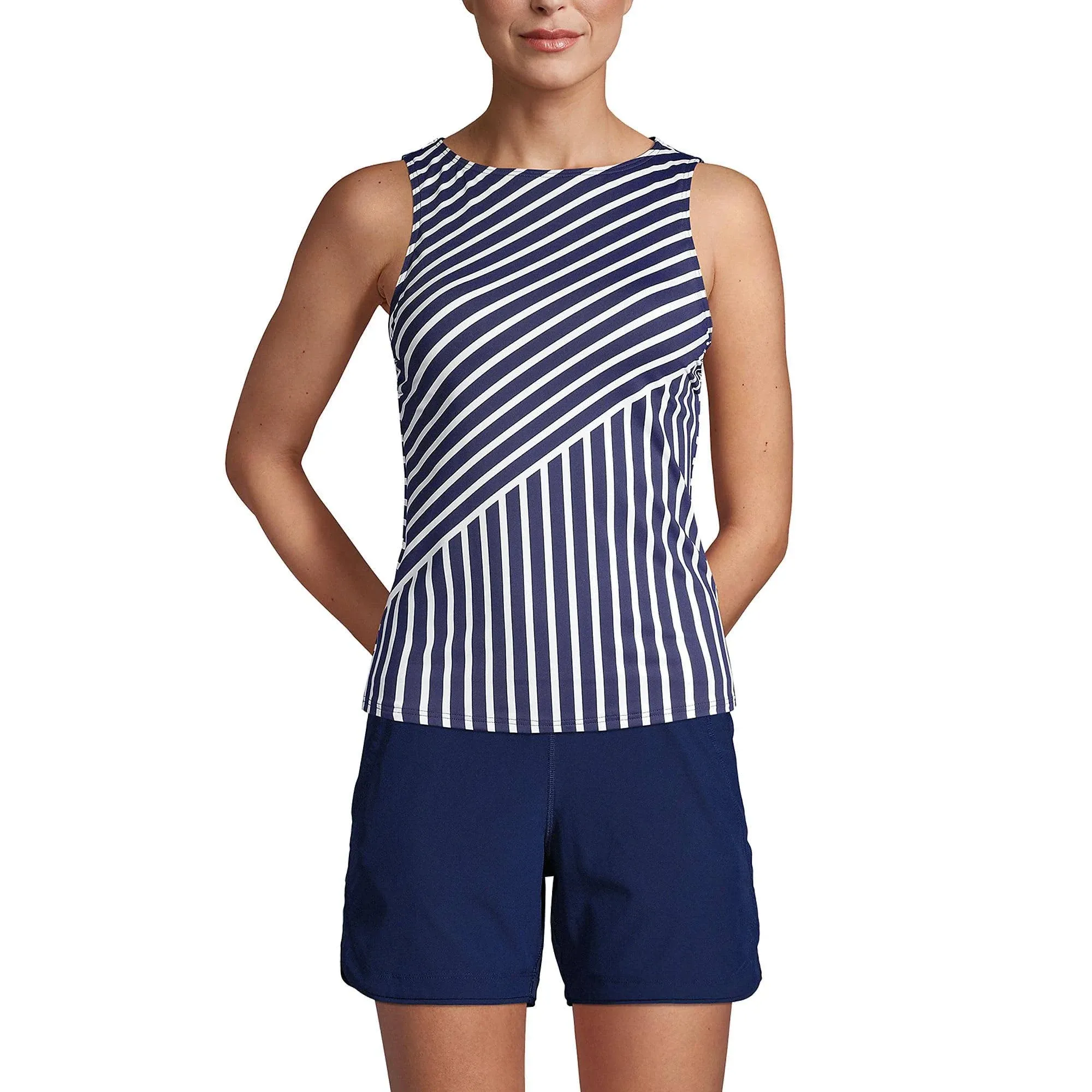 Lands' End Women's DD-Cup Chlorine Resistant High Neck UPF 50 Modest Tankini Swimsuit Top - 12 - Deep Sea Mixed Diagonal Stripe