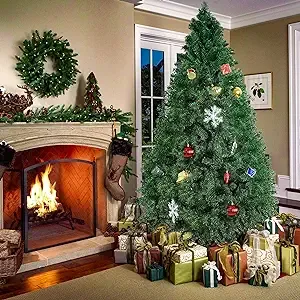 "7' Christmas Pine Tree Artificial Fake Xmas Tree with Solid Metal Stand and Decoration for Festival Party Holiday, Green"