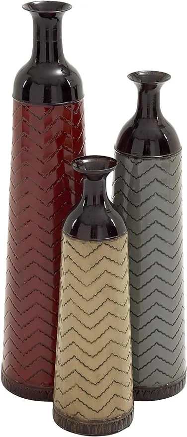 Deco 79 Metal Decorative Vase Tall Enameled Bottleneck Floor Centerpiece Vases with Chevron Pattern, Set of 3 Vases for Home Decoration 32", 27", 22"H, Multi Colored