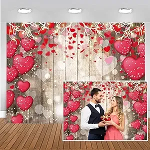 CHAIYA 8x6ft Valentine Backdrop Wood Backdrop Vinyl Red Love Heart Valentine&#039;...