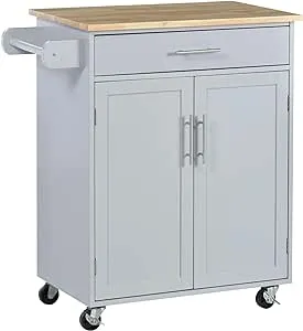 HOMCOM Kitchen Island Cart Rolling Trolley Cart with Drawer, Storage Cabinet & Towel Rack, Gray