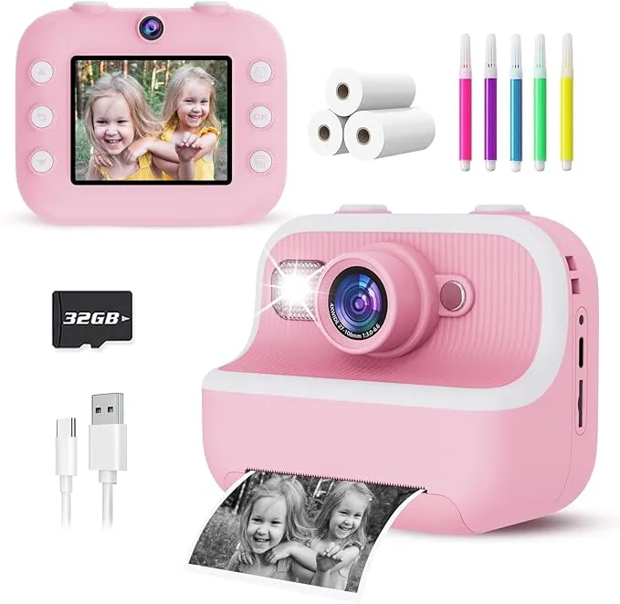 Instant Print Camera for Kids, Christmas Birthday Gifts for Girls Boys, Kids Camera Instant Print with Dual Camera 1080P Digital Camera Toys for 4 5 6 7 8 9 10 Year Old Girl with 32GB SD Card-Purple