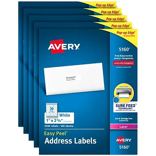 Avery Easy Peel Laser Address Labels 1 x 2 5160ct, White