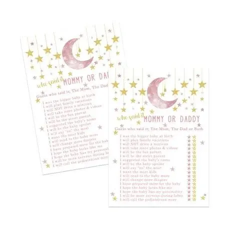 Paper Clever Party Twinkle Little Star Baby Shower Game Mommy or Daddy (25 Pack) Guess Who Actiivity Cards - Pink Gold Celestial Moon Favors Girls Themed Favors - 5x7 Set Printed