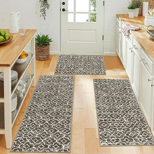 MeyJey Brown Kitchen Rug Set 3 Piece, Non Slip Machine Washable Mats for Home Floor and Living Room