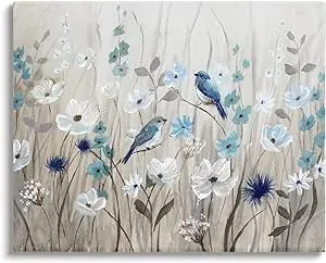 Stupell Industries Birds Floral Meadow Blue White Blossoms, Design by Nan