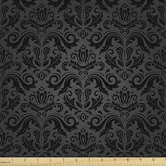 Ambesonne Dark Grey Fabric by The Yard, Black Damask and Floral Elements Oriental Antique Ornament Vintage, Decorative Fabric for Upholstery and Home Accents, 1 Yard, Black Grey