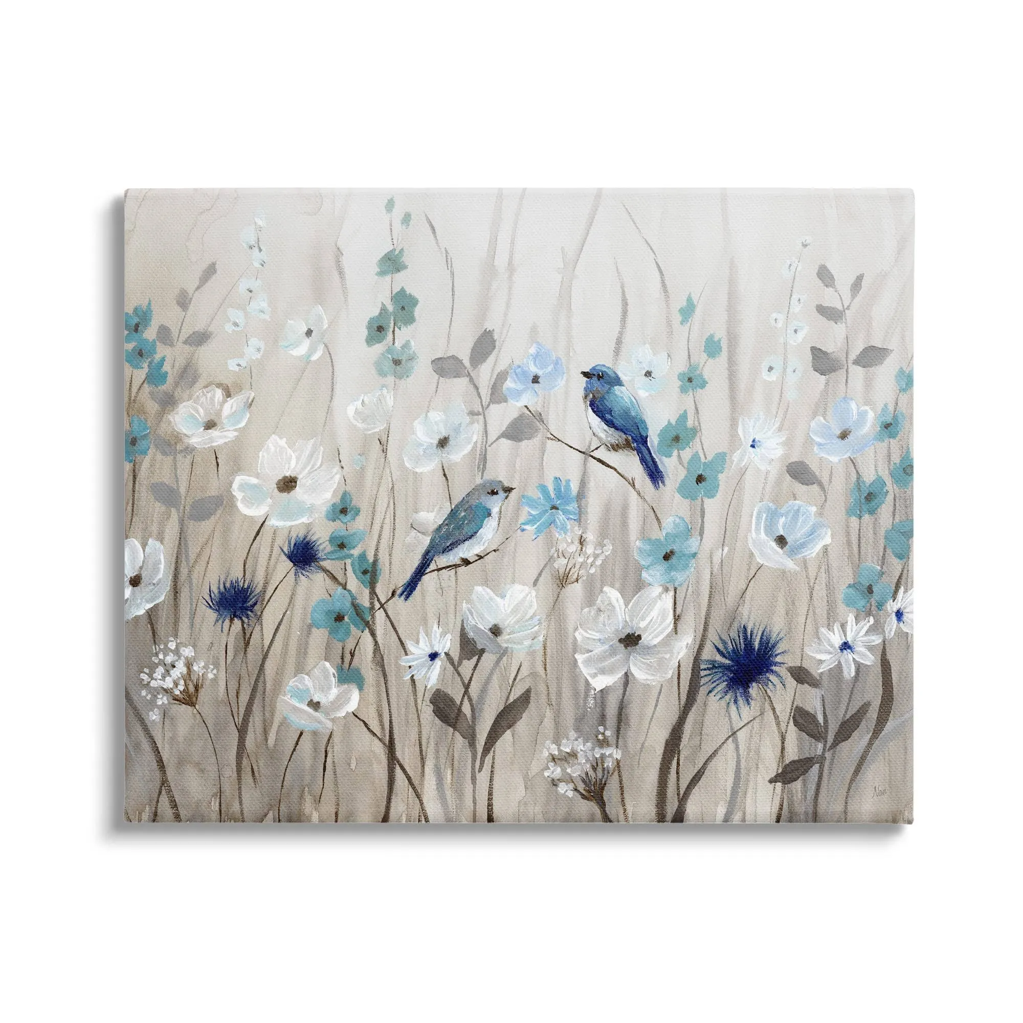 Stupell Birds Floral Meadow Blue White Blossoms Canvas Wall Art - 16 x 20