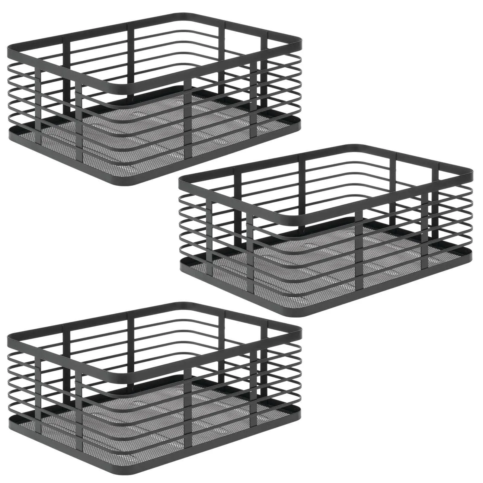 mDesign Large Steel Metal Wire Kitchen Food Storage Organizer Bin Basket for Pantry Organization - Wired Farmhouse Basket with Handle for Shelves - Carson Collection - 3 Pack, Matte Black