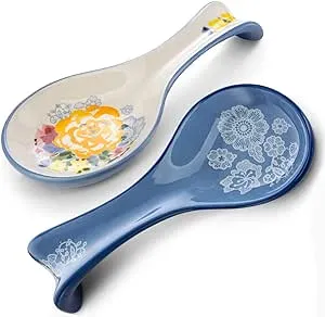 Ceramic Spoon Rest, by Kook, Spoon Rest for Stovetop, Kitchen Decor, Farmhouse Kitchen Decor, Ladle, Utensil Holder, Dishwasher Safe, for Home and Coffee Bar Accessories, Set of 2 (Floral)