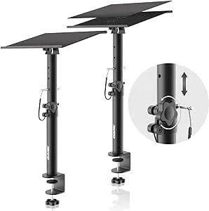 OUKMIC Clamp On Desktop Speaker Stand Holder Pair, Heavy Duty Audio Studio Monitor Stands Riser Tilt Height Adjustable, Universal Desk Mount Shelf