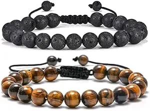 M MOOHAM Lava Rock Bracelet , Natural Tiger Eye Black Lava Rock Stone Mens Anxiety Bracelets, Adjustable Aromatherapy Essential Oil Diffuser Healing