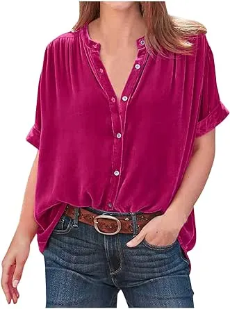 Tops for Women Lapel V Neck Solid Shirt Summer Velvet Tee Shirts Casual Roll Up Short Sleeve Button Down Blouses