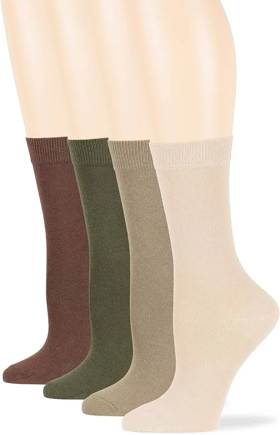 7BigStars Women's Cotton Dress Socks - 4 Pack L/M - Solid Assorted Crew Calf Black Brown Blue Grey Beige Khaki Olive Green