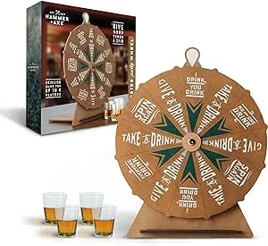 Hammer + Axe Vintage Drinking Wheel Game with 4 Shot Glasses, Tabletop Alcohol Drinking Game for Adults, Party Icebreaker, Entertaining & Fun Activity for Tailgating, Pregaming, Parties, BBQ