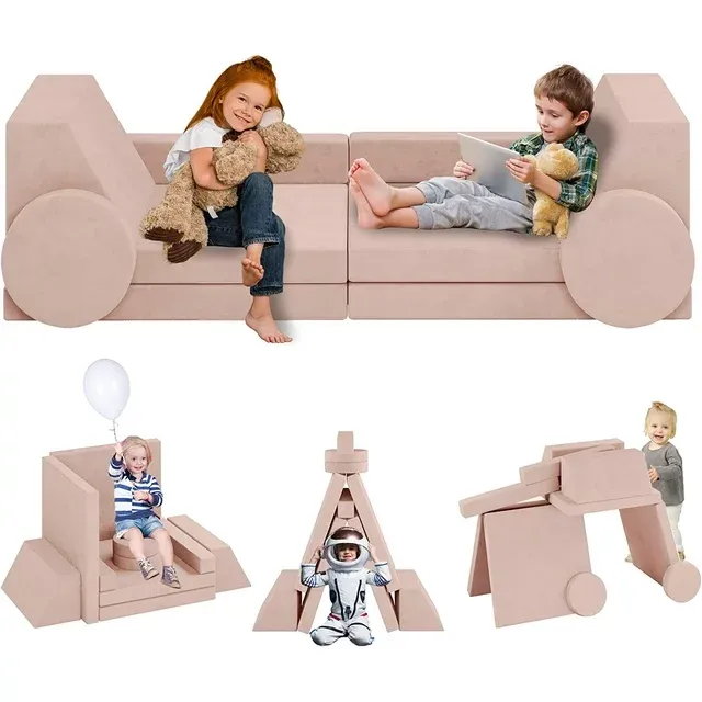 10 Pcs Kids Couch, Wanan Toddler Couch, Baby Kids Sofa Couch for Bedroom & Playroom, 10+ Combinations Creative Modular Sofa for Kids, Play Sofa for Kids (Pink)