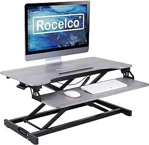 Rocelco Standing Desk Converter 31.5 Inch Sit Stand Up Dual Monitor Tabletop Riser with Tablet Mount, Height Adjustable Home Office Workstation - Deep Keyboard Tray for Laptop Mouse - Gray (R VADRG)