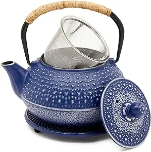 Juvale Cast Iron Teapot with Infuser - Japanese Tea Kettle, Loose Leaf Tetsubin with Handle and Trivet (Blue, 3 Pcs, holds 27 oz, 800 ml)