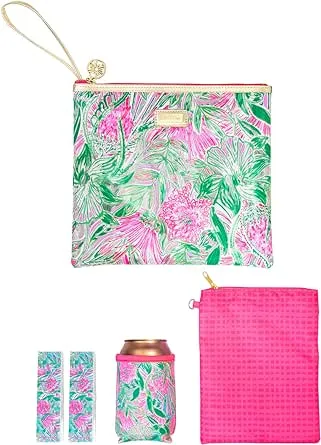 Lilly Pulitzer Water Resistant Vinyl Beach Day Pouch, Zipper Bag Includes Drink Hugger, Small Pouch, and Towel Clips