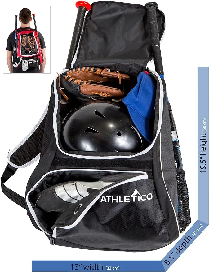 Athletico Baseball Bat Bag - Backpack for Baseball, T-ball & Softball Equipment & Gear for Youth and Adults | Holds Bat, Helmet, Glove, & Shoes