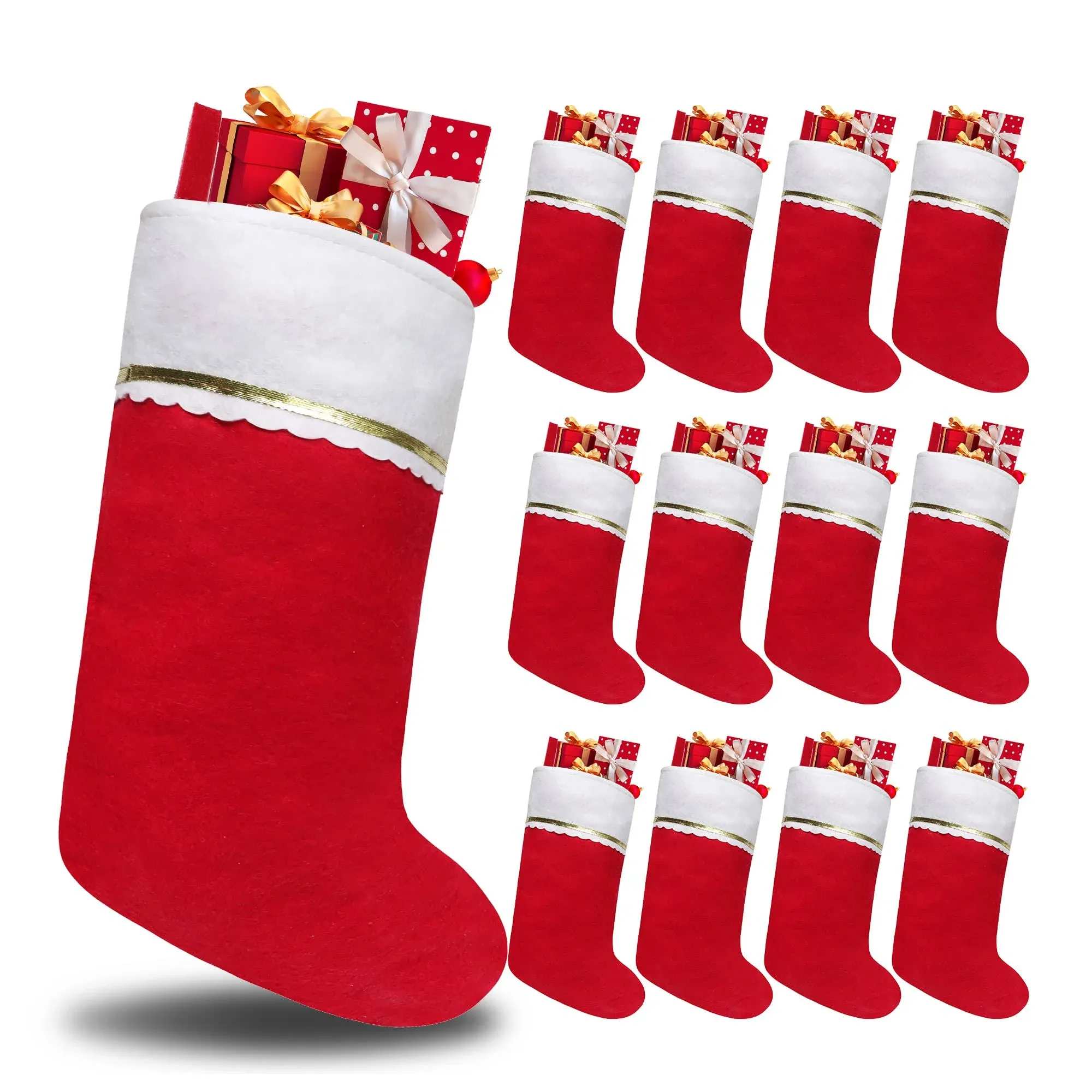 12 Pack Felt Christmas Stockings, 19 Inches Red and White Christmas Stockings Hanging Ornaments, White Cuff with Gold Trim Christmas Stockings for Family Christmas Holiday Decorations