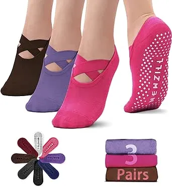 NEWZILL Yoga Socks for Women Non-Slip Grips & Straps, Ideal for Pilates, Pure Barre, Ballet, Dance, Barefoot Workout (3 Pairs-Brown/Purple/Pink)