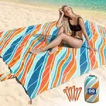 Everlasting Comfort Beach Blanket Waterproof Sandproof - Large Oversized Beach Mat for 10 People w/Stakes, Storage Bag - Beach Accessories for Family, Picnic, Concert, Travel