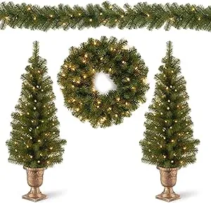 National Tree Company Pre-lit Artificial Christmas 4-Piece Set | Garland, Wreath and Set of 2 Entrance Trees