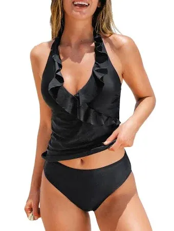 CUPSHE Women's Tankini Set Two Piece Swimsuit Ruffled Halter Low Back