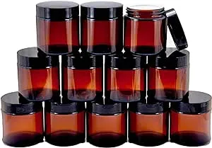 Vivaplex 12 Amber 4 oz Round Glass Jars with Inner Liners and Black Lids