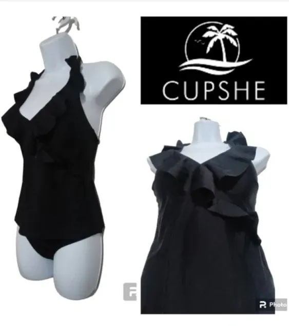 Cupshe Women's Tankini Swimsuit Ruffle Halter Self Tied Bathing Suit - Black