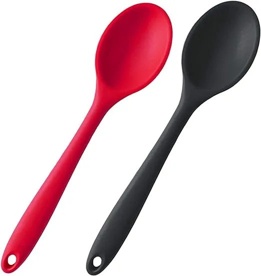 Silicone Nonstick Mixing Spoons Set 2, High Heat Resistant, Hygienic Design Cooking Baking Spoons Set for Stirring, Mixing and Serving,Red and Black with Color Box