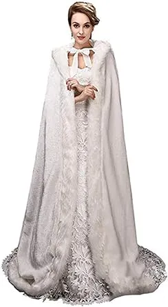 White Women's Wedding Cloak Coat with Hoods Winter Long Jacket Bridal Wraps Warm Faux Fur Cape