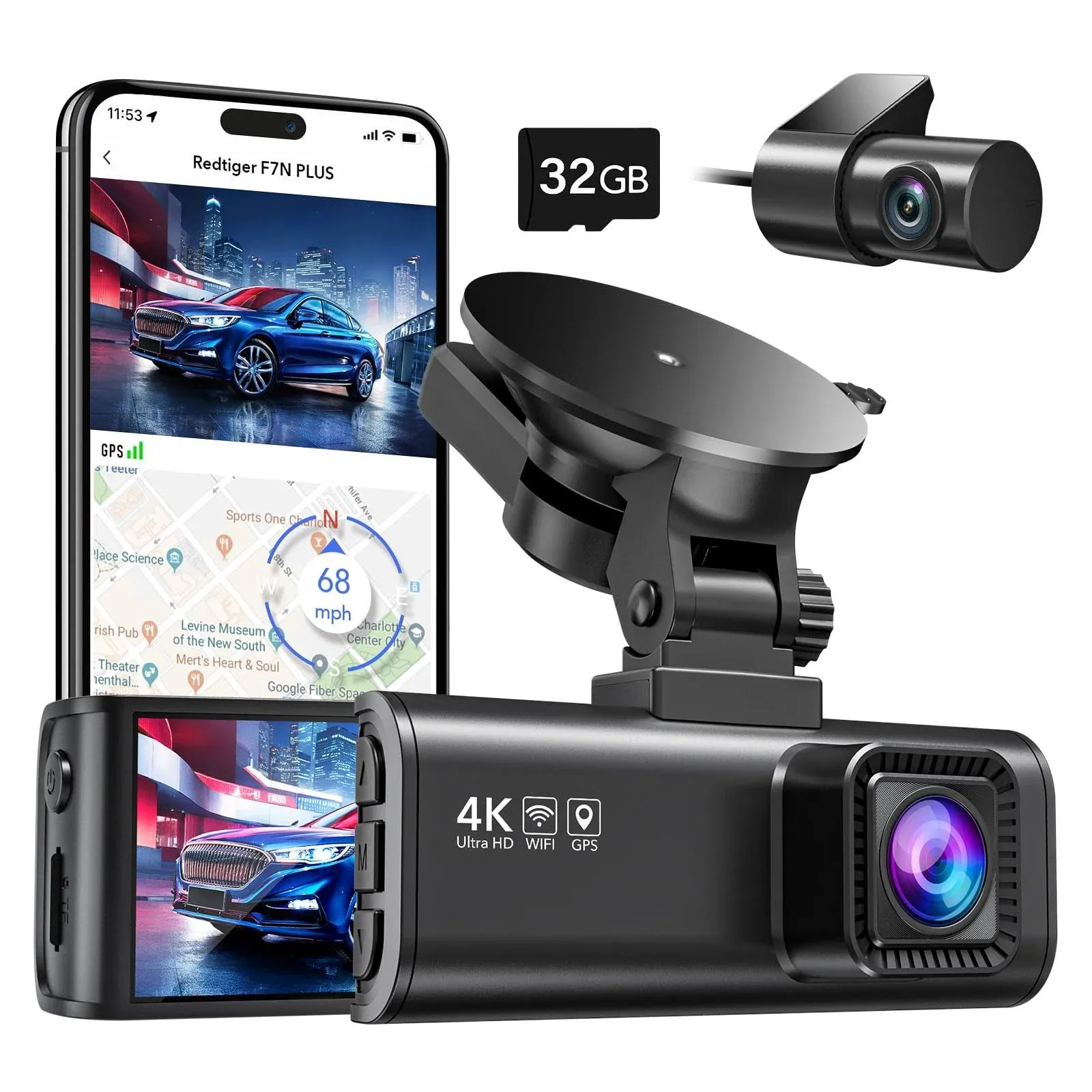 REDTIGER F7N Dash Cam 4K with WiFi GPS Front 4K/2.5K and Rear 1080P Dual Dash Camera for Cars,3.18" Display Dashcam,170° Wide Angle Dashboard Camera Recorder,Parking Monitor,Support 256GB Max