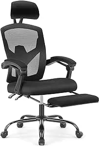 AFO Ergonomic Office Chair, High Back Office Chair with Lumbar Pillow & Retractable Footrest, Mesh Office Chair with Padded Armrests and Adjustable