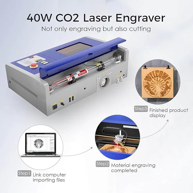 Monport 40W 2.0 Laser Engraver (8" X 12"), Lightburn Compatible CO2 Laser Engraver & Cutter with Adjustable Laser Head, Air Assist, Red Dot Guidance, 3 LED Monitor Display and Water Cooling System