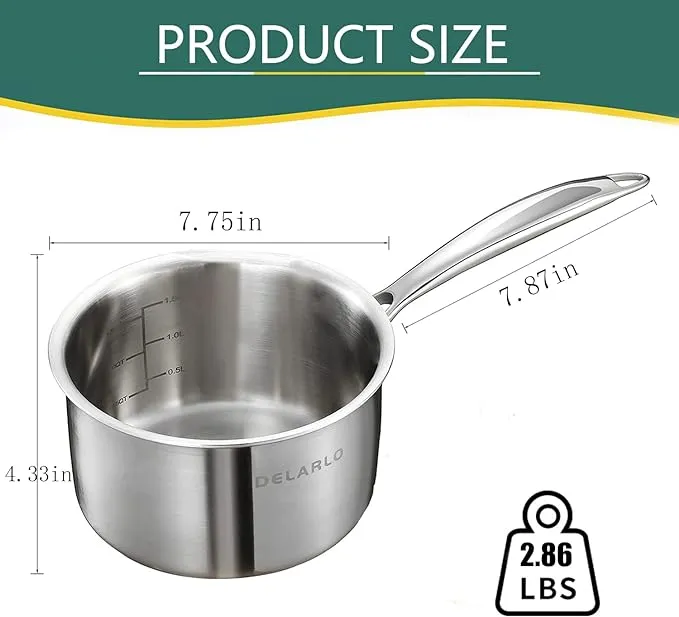 DELALRO Tri-Ply Stainless Steel 2.5 QT Saucepan with Lid, Heavy Duty Induction Pot, Fast Even Heat, Fuel Saving, Induction Cookware, Kitchen and Dining Steel Saucepan