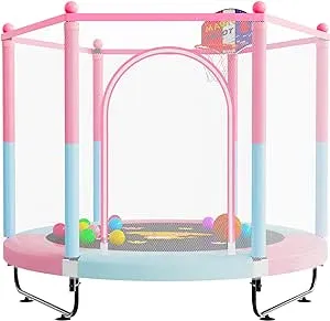 60" Trampoline for Kids, 5 FT Indoor & Outdoor Small Toddler Trampoline with Basketball Hoop, Safety Enclosure, Baby Trampoline Toys, Birthday Gifts for Kids, Gifts for Boy and Girl, Age 3-8